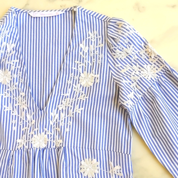 NWOT. Zara Long Sleeve V-Neck Midi Dress with Stripes and Floral Embroidery. - Picture 6 of 7